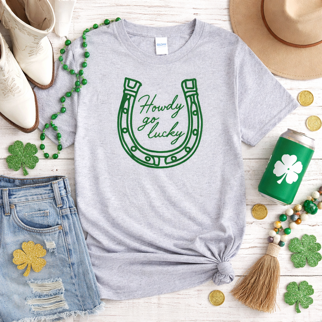Howdy Go Lucky Shirt, Western St Patricks Day Shirt, Lucky Horseshoe Tee, Cute Cowgirl St Paddy’s Shirt, Country Lucky Graphic Tee