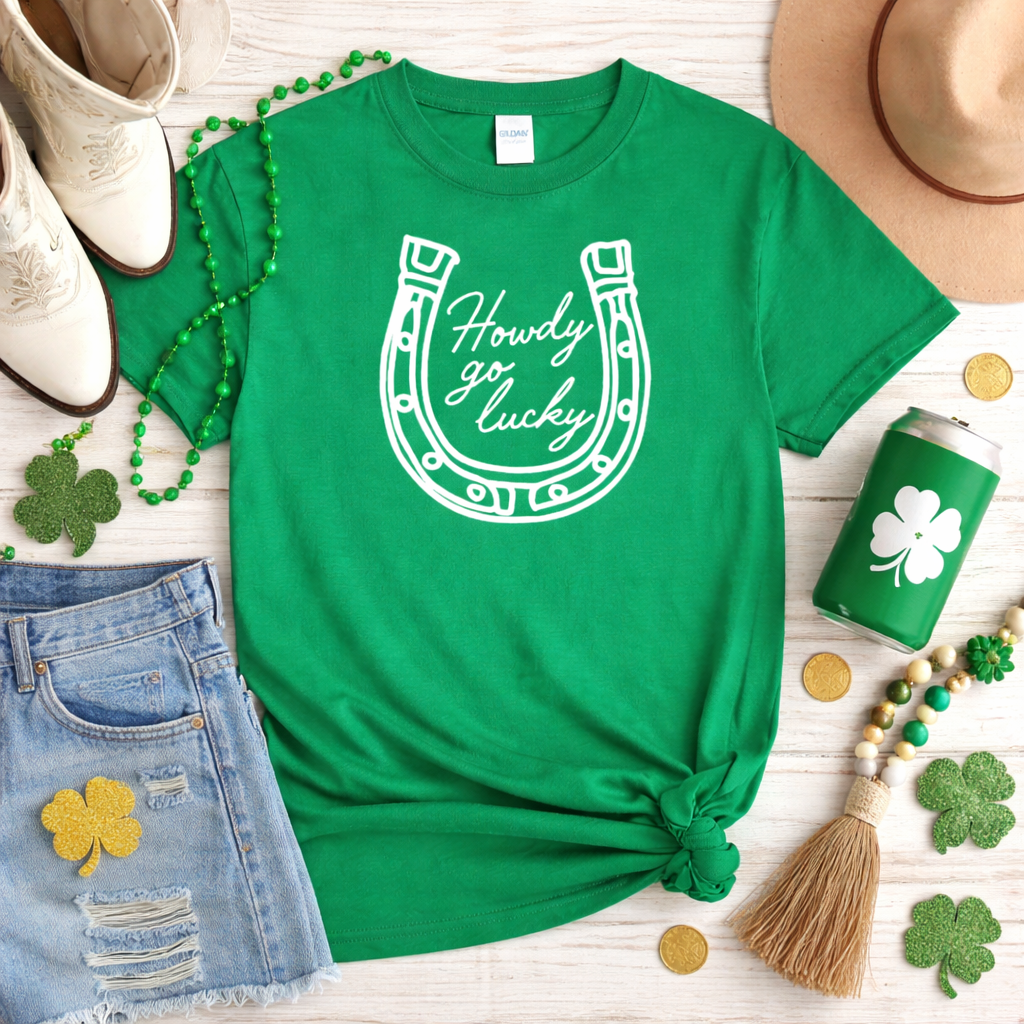 Howdy Go Lucky Shirt, Western St Patricks Day Shirt, Lucky Horseshoe Tee, Cute Cowgirl St Paddy’s Shirt, Country Lucky Graphic Tee