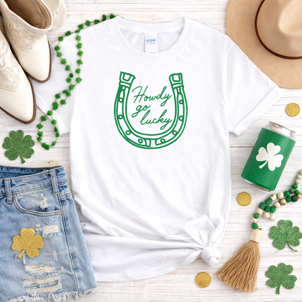 Howdy Go Lucky Shirt, Western St Patricks Day Shirt, Lucky Horseshoe Tee, Cute Cowgirl St Paddy’s Shirt, Country Lucky Graphic Tee
