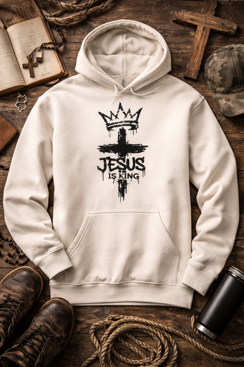 Jesus Is King Hoodie | Christian Faith Sweatshirt | Crowned Cross Graphic Hoodie | Religious Streetwear | Independent Trading SS4500 Bone
