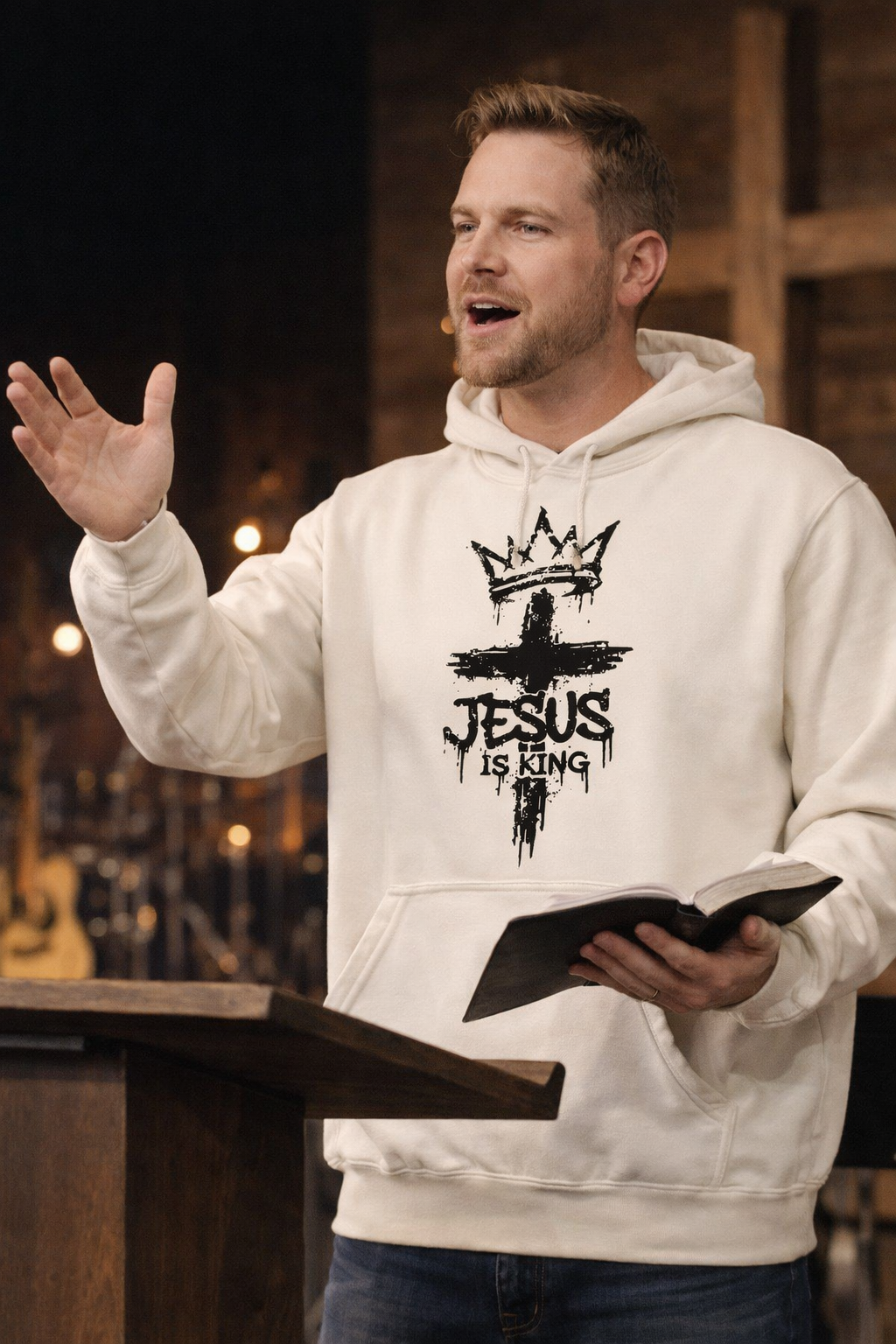 Jesus Is King Hoodie | Christian Faith Sweatshirt | Crowned Cross Graphic Hoodie | Religious Streetwear | Independent Trading SS4500 Bone