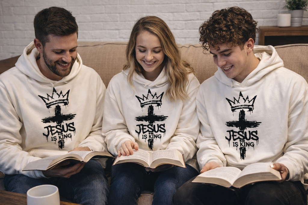 Jesus Is King Hoodie | Christian Faith Sweatshirt | Crowned Cross Graphic Hoodie | Religious Streetwear | Independent Trading SS4500 Bone