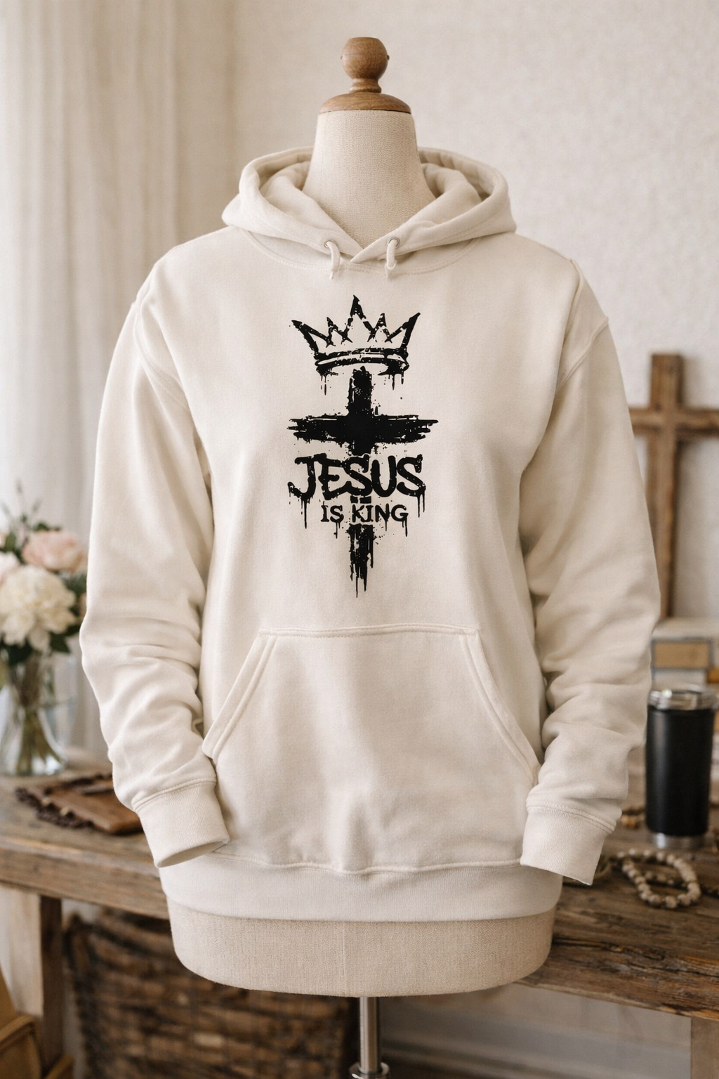 Jesus Is King Hoodie | Christian Faith Sweatshirt | Crowned Cross Graphic Hoodie | Religious Streetwear | Independent Trading SS4500 Bone