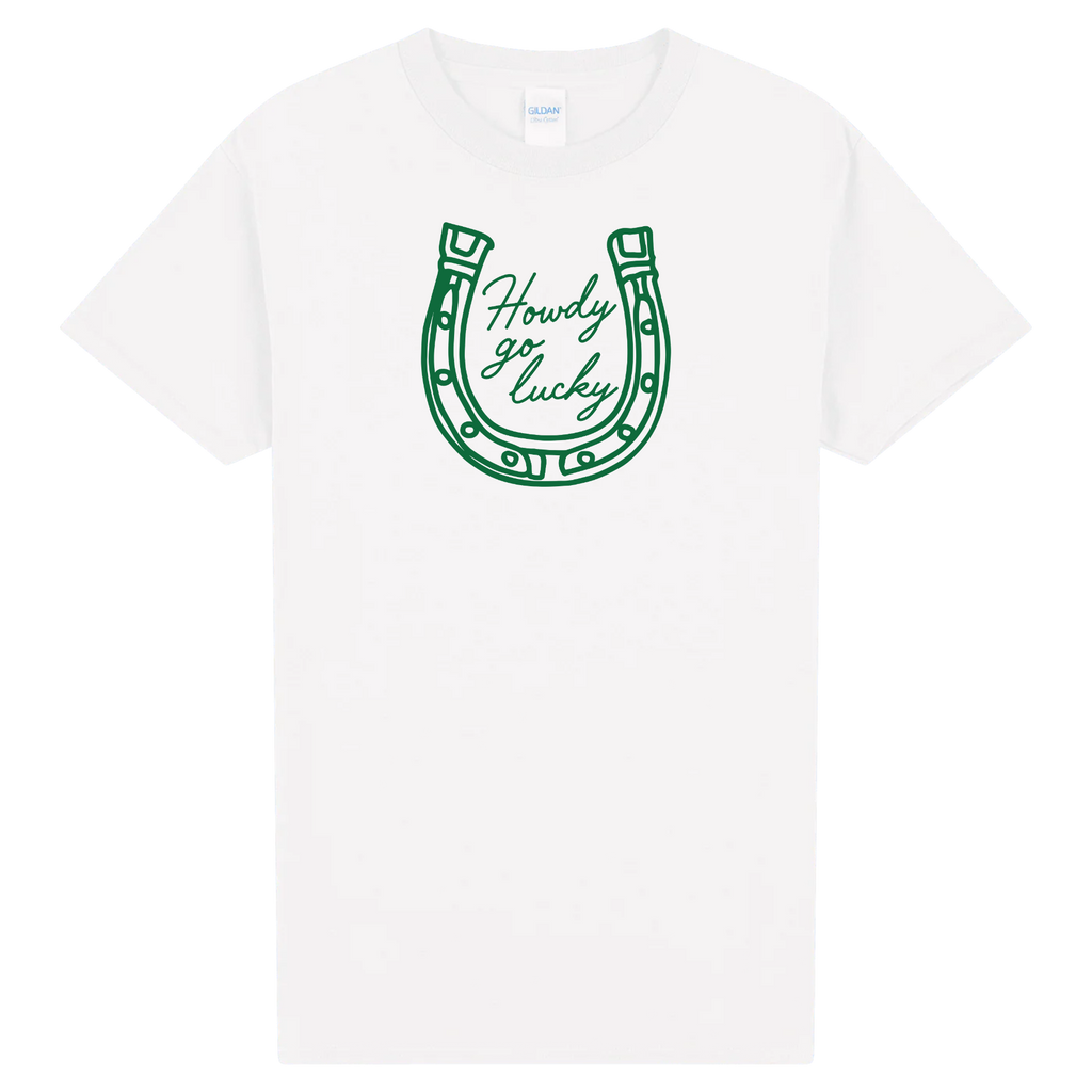 Howdy Go Lucky Shirt, Western St Patricks Day Shirt, Lucky Horseshoe Tee, Cute Cowgirl St Paddy’s Shirt, Country Lucky Graphic Tee