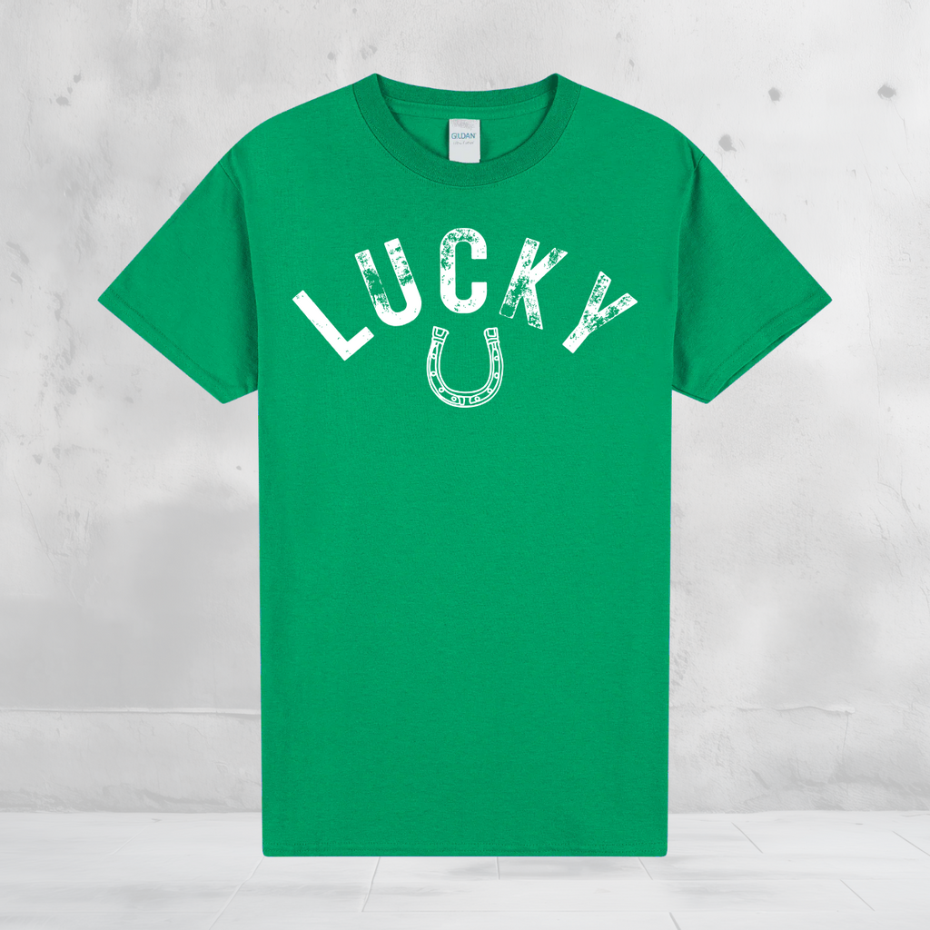 Lucky Horseshoe Shirt – St Patrick’s Day Lucky Tee – Distressed Lucky Graphic Shirt – Green St Paddy’s Day Shirt – Unisex Lucky Top
