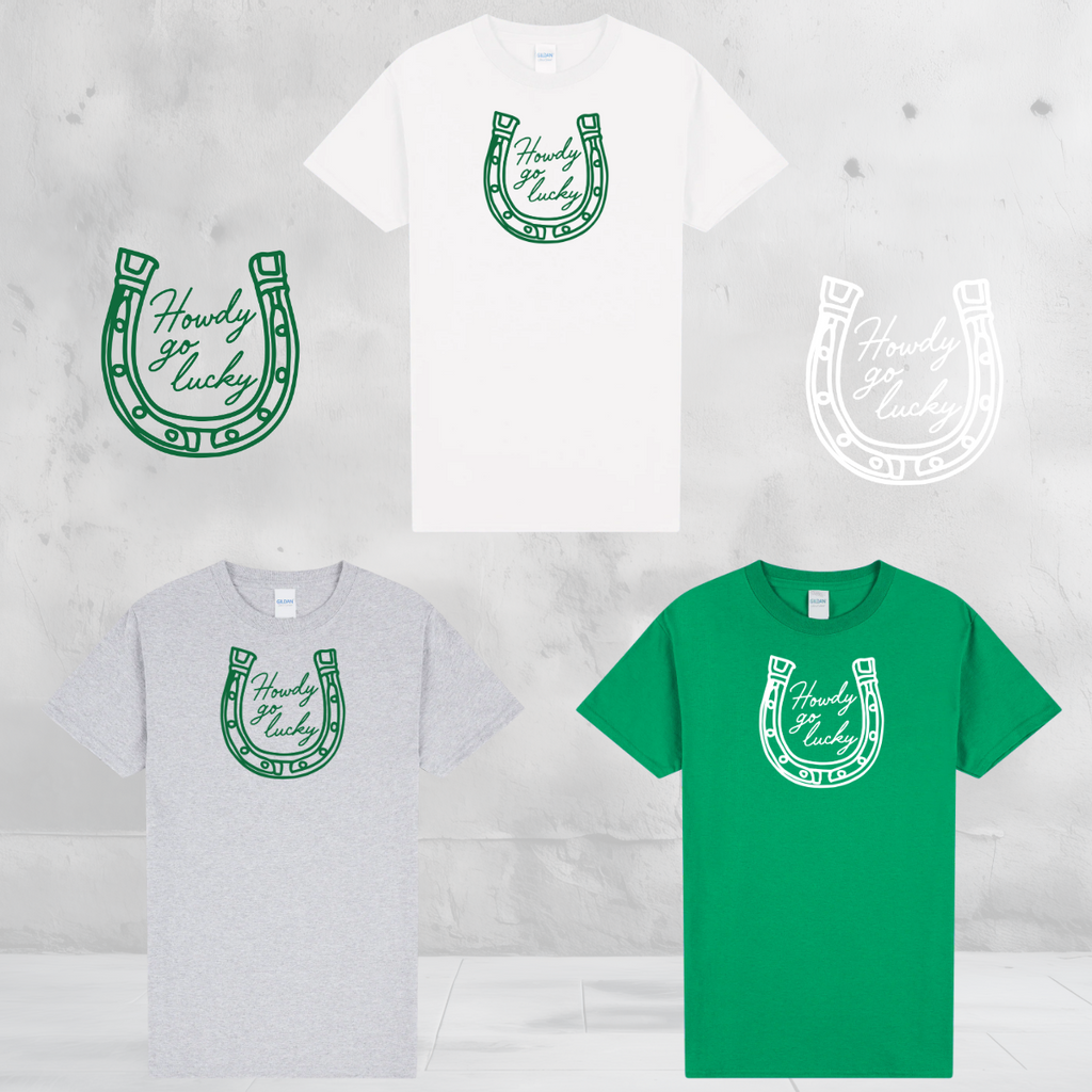 Howdy Go Lucky Shirt, Western St Patricks Day Shirt, Lucky Horseshoe Tee, Cute Cowgirl St Paddy’s Shirt, Country Lucky Graphic Tee