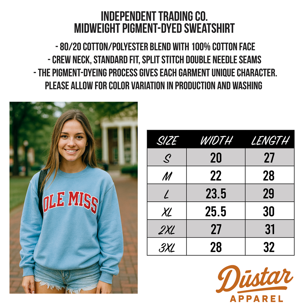 Ole Miss Rebels Basic Arch Fleece Pullover Sweatshirt - Pigment Dyed Powder Blue