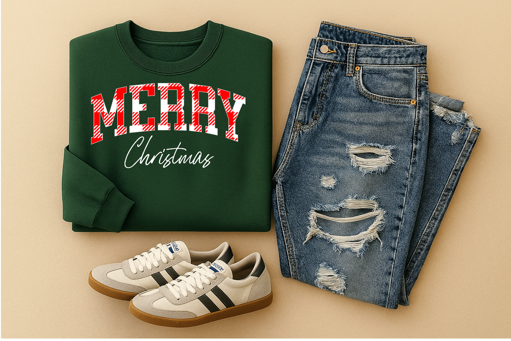 Merry Christmas Sweatshirt | Plaid Merry Design | Forest Green Jerzees 562 Crewneck | Cozy Holiday Sweater | Christmas Gift Shirt | Winter Spirit Sweatshirt