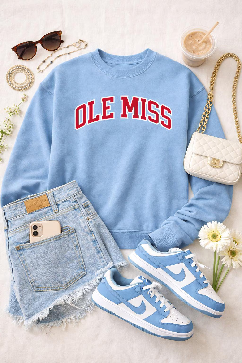 Ole Miss Rebels Basic Arch Fleece Pullover Sweatshirt - Pigment Dyed Powder Blue