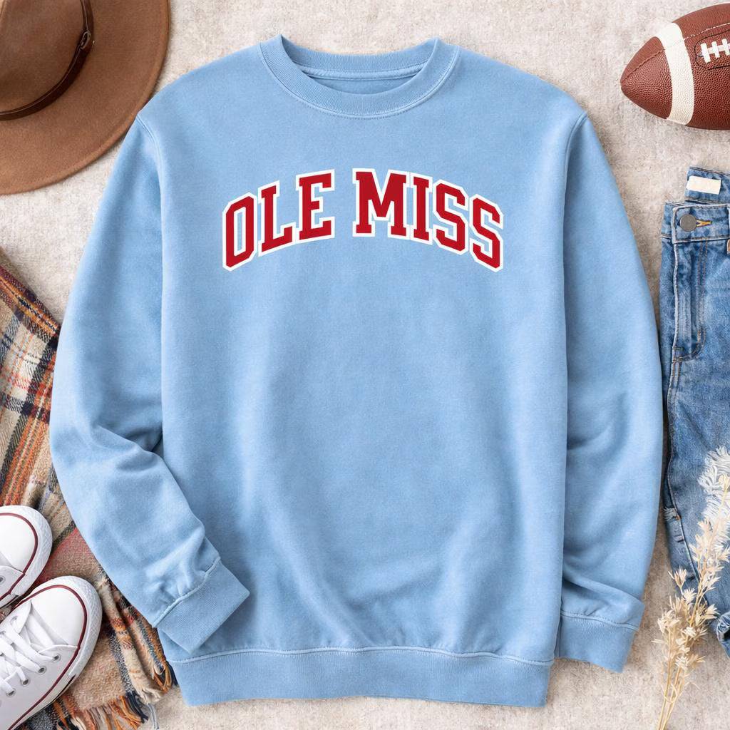 Ole Miss Rebels Basic Arch Fleece Pullover Sweatshirt - Pigment Dyed Powder Blue