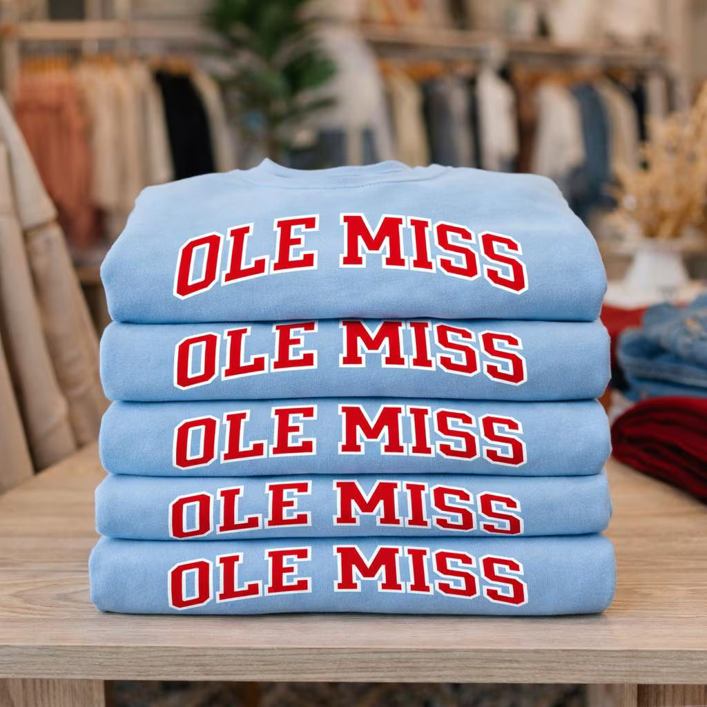 Ole Miss Rebels Basic Arch Fleece Pullover Sweatshirt - Pigment Dyed Powder Blue